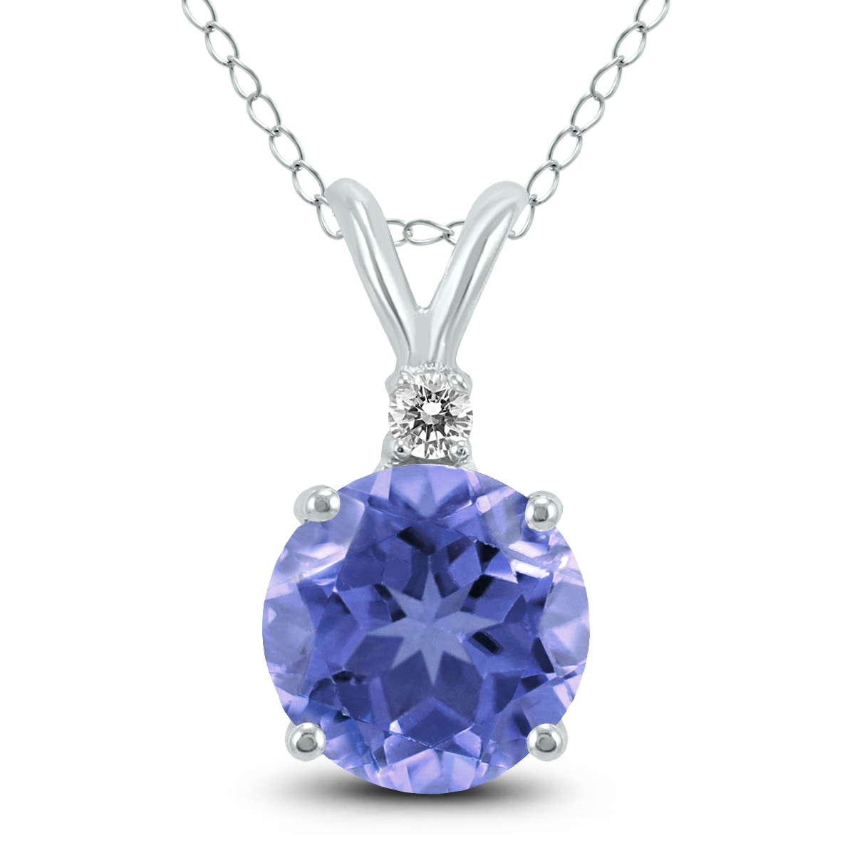 14K White Gold 4MM Round Tanzanite and Diamond Pendant