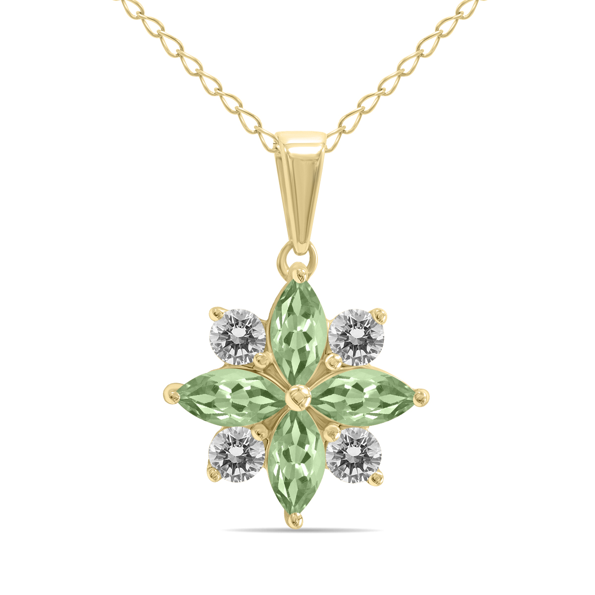 3/4 Carat TW Green Amethyst and Diamond Flower Pendant in 10K Yellow Gold