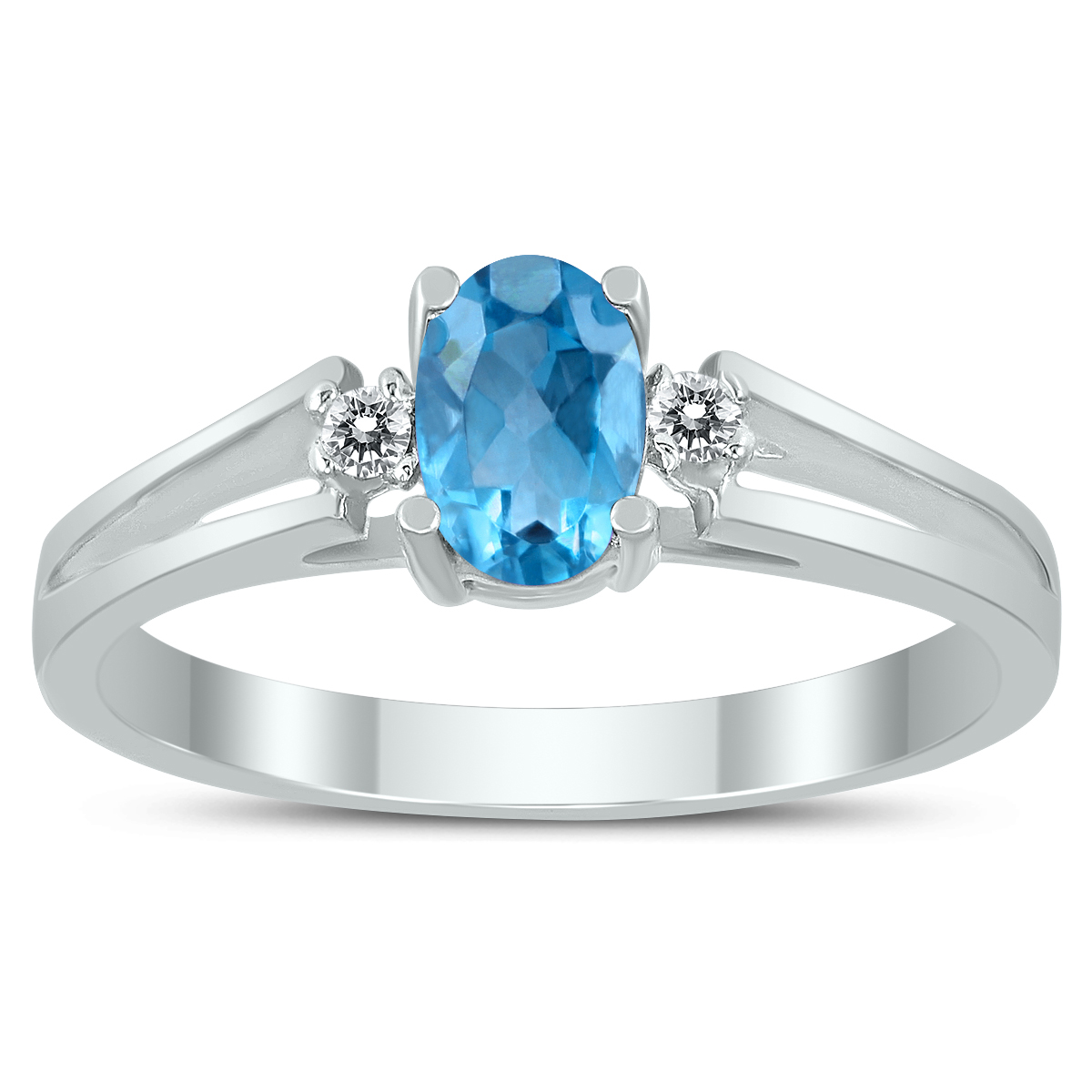 6X4MM Blue Topaz and Diamond Open Three Stone Ring in 10K White Gold