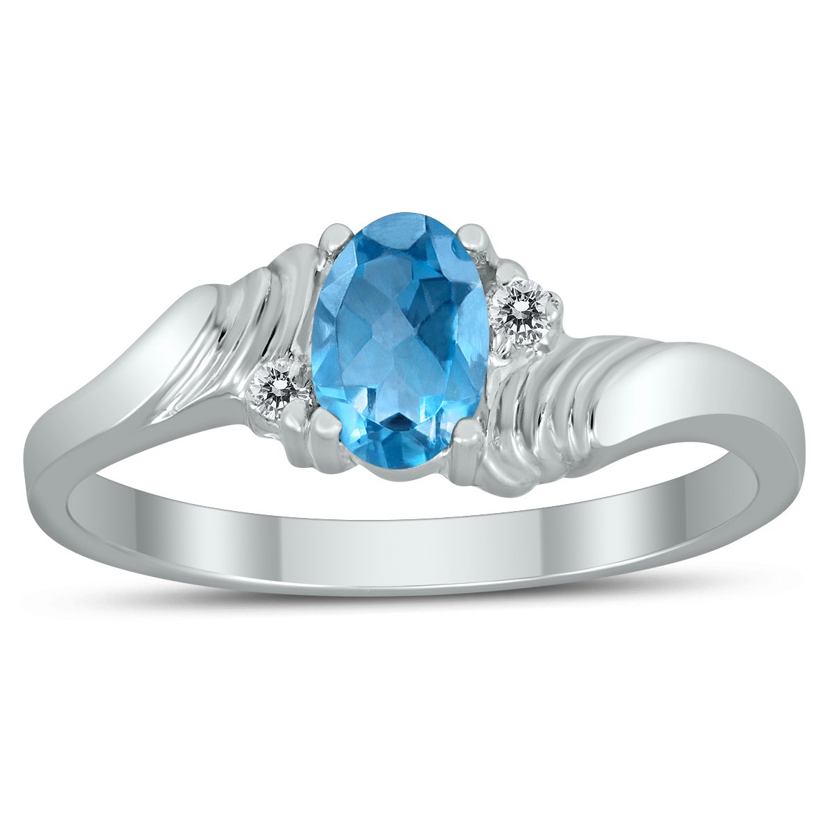 6X4MM Blue Topaz and Diamond Wave Ring in 10K White Gold