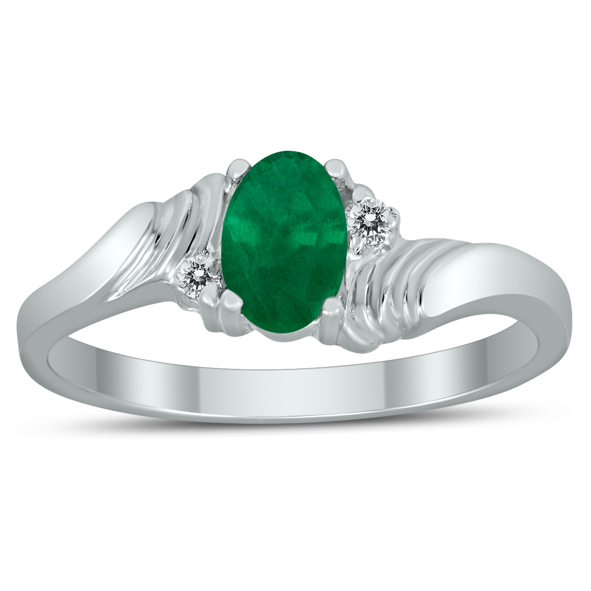 6X4MM Emerald and Diamond Wave Ring in 10K White Gold