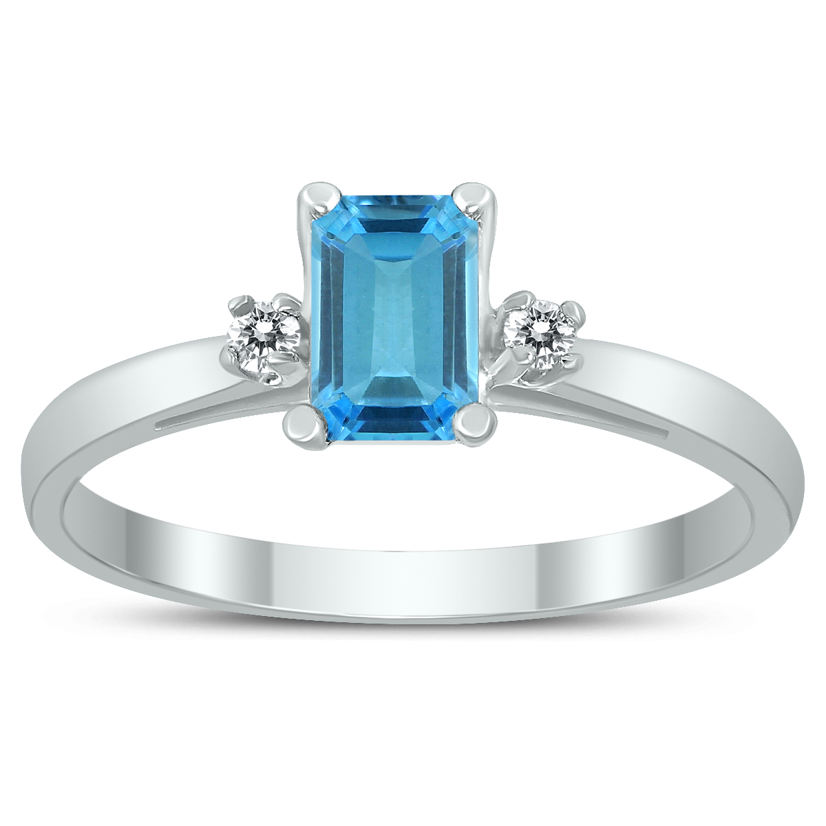 Emerald Cut 6X4MM Blue Topaz and Diamond Three Stone Ring in 10K White Gold