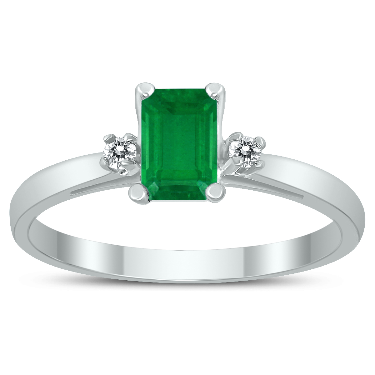 Emerald Cut 6X4MM Emerald and Diamond Three Stone Ring in 10K White Gold