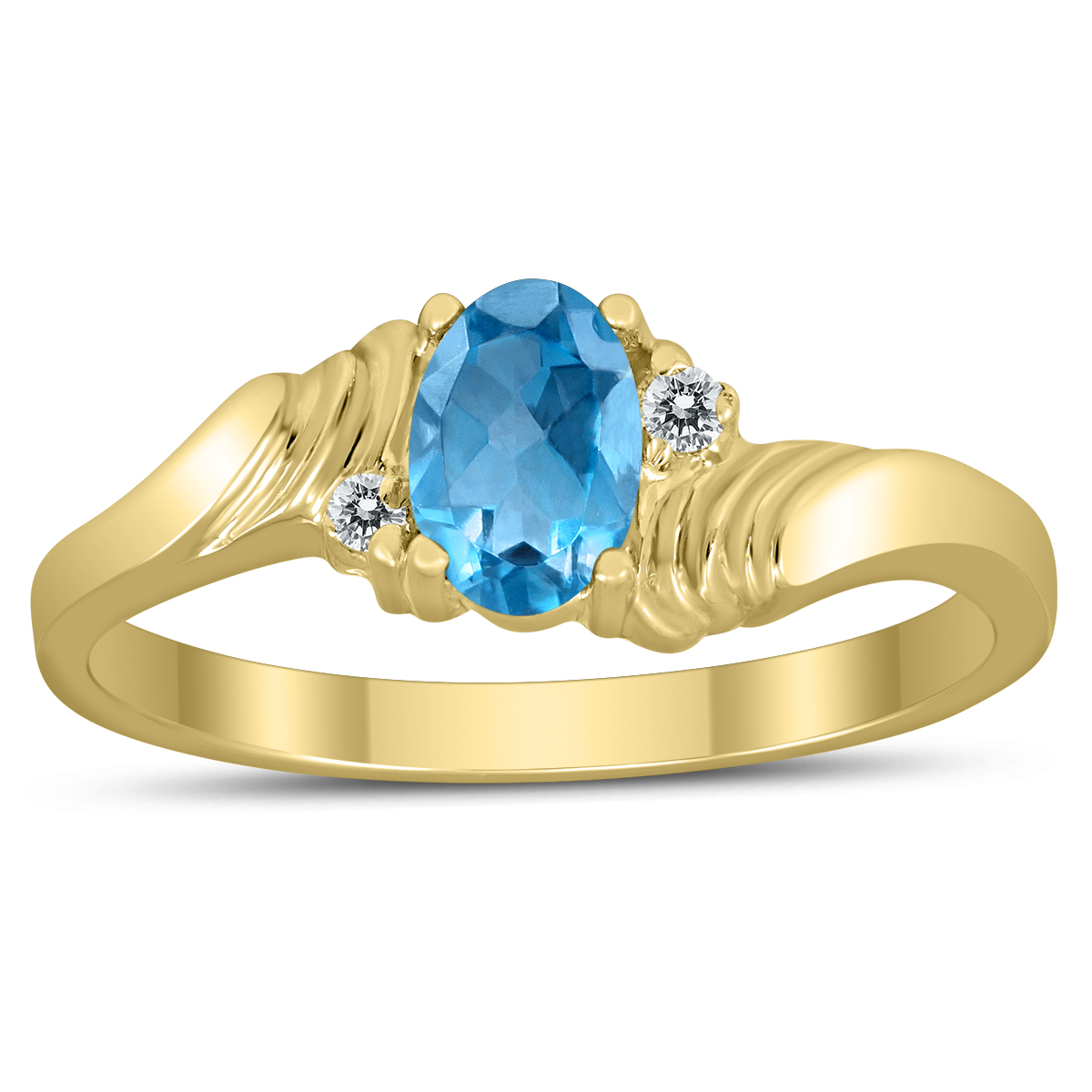 6X4MM Blue Topaz and Diamond Wave Ring in 10K Yellow Gold