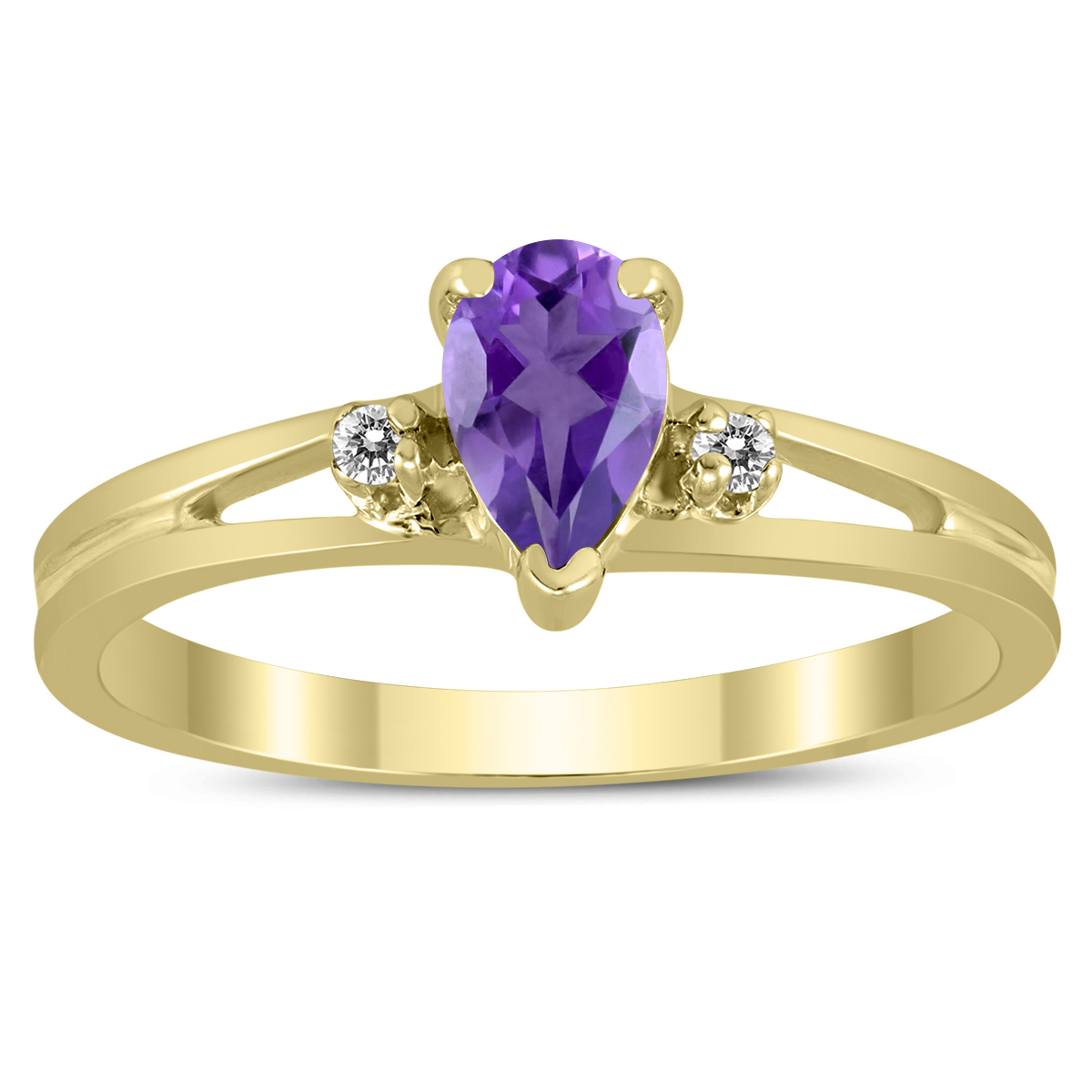 6X4MM Amethyst and Diamond Pear Shaped Open Three Stone Ring in 10K Yellow Gold