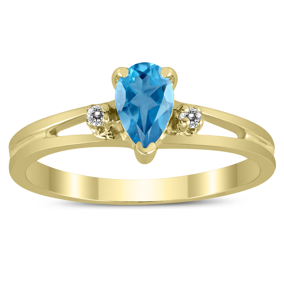 6X4MM Blue Topaz and Diamond Pear Shaped Open Three Stone Ring in 10K Yellow Gold