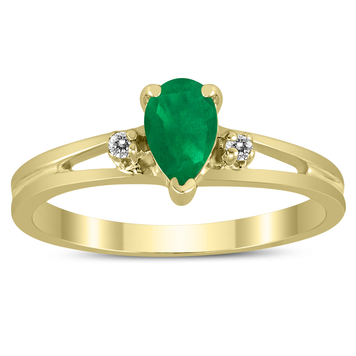 6X4MM Emerald and Diamond Pear Shaped Open Three Stone Ring in 10K Yellow Gold