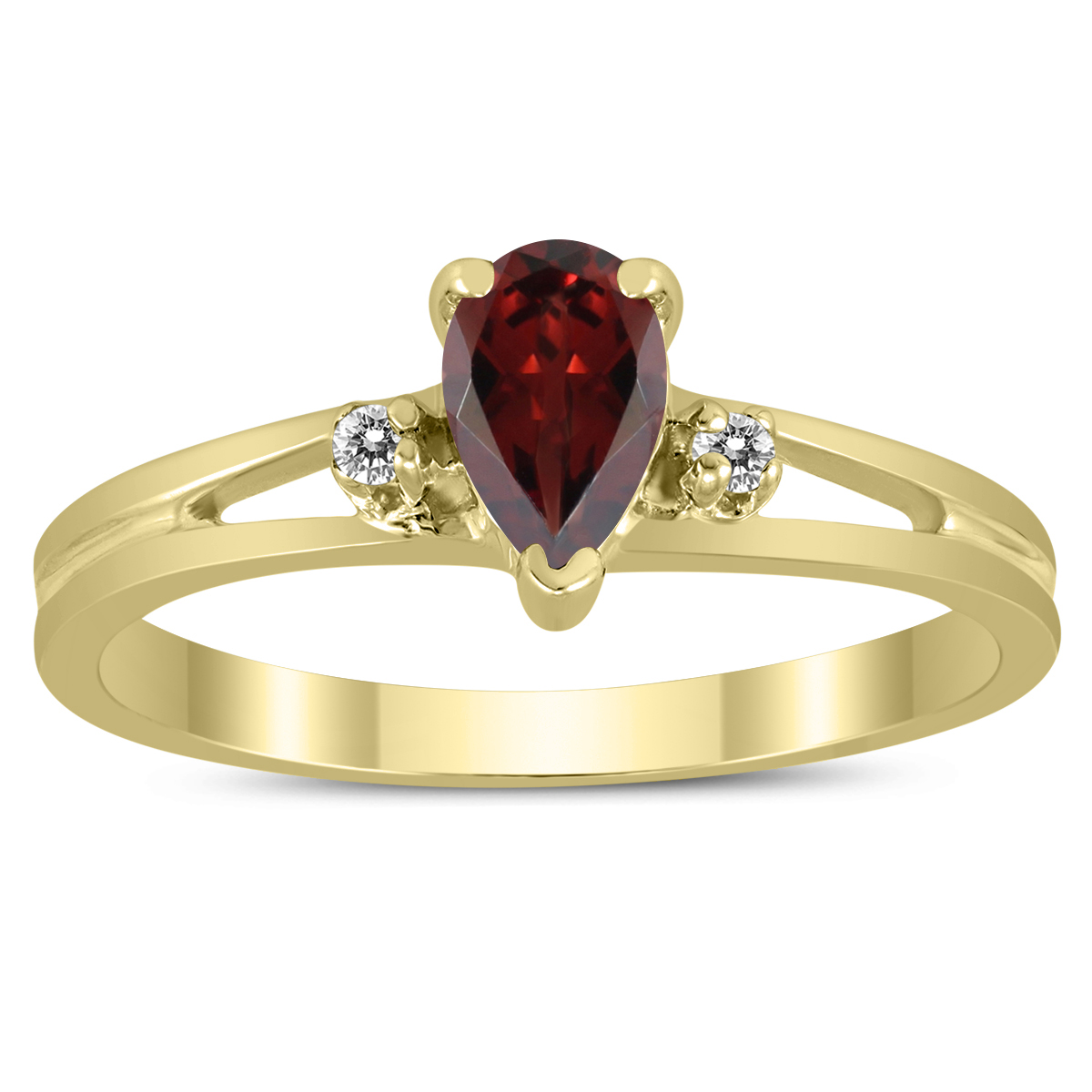 6X4MM Garnet and Diamond Pear Shaped Open Three Stone Ring in 10K Yellow Gold