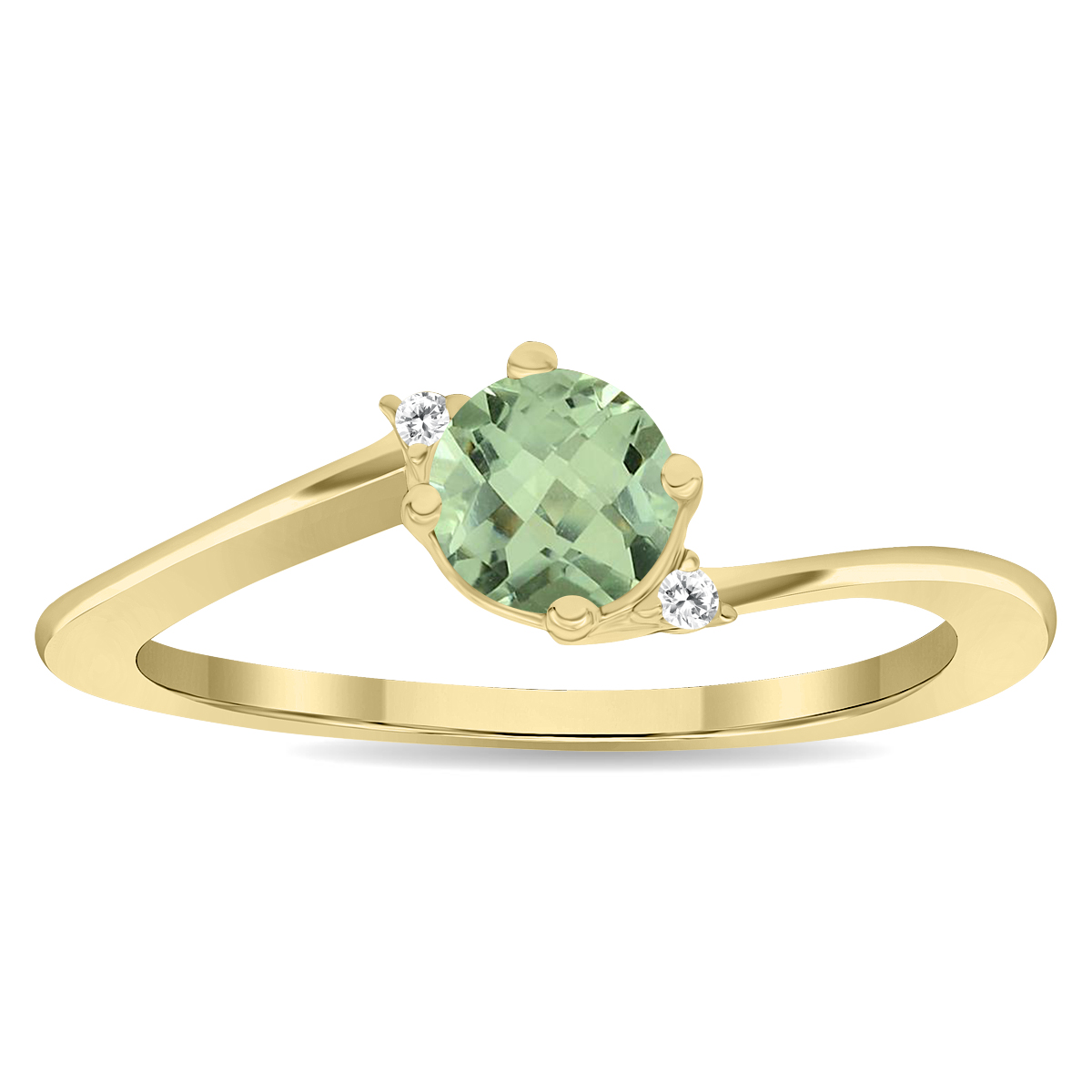 Women's Round Shaped Green Amethyst and Diamond Wave Ring in 10K Yellow Gold