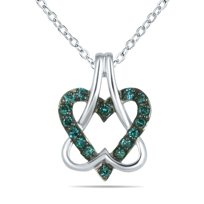 Genuine Blue Diamond Double Heart Pendant in 10K White Gold