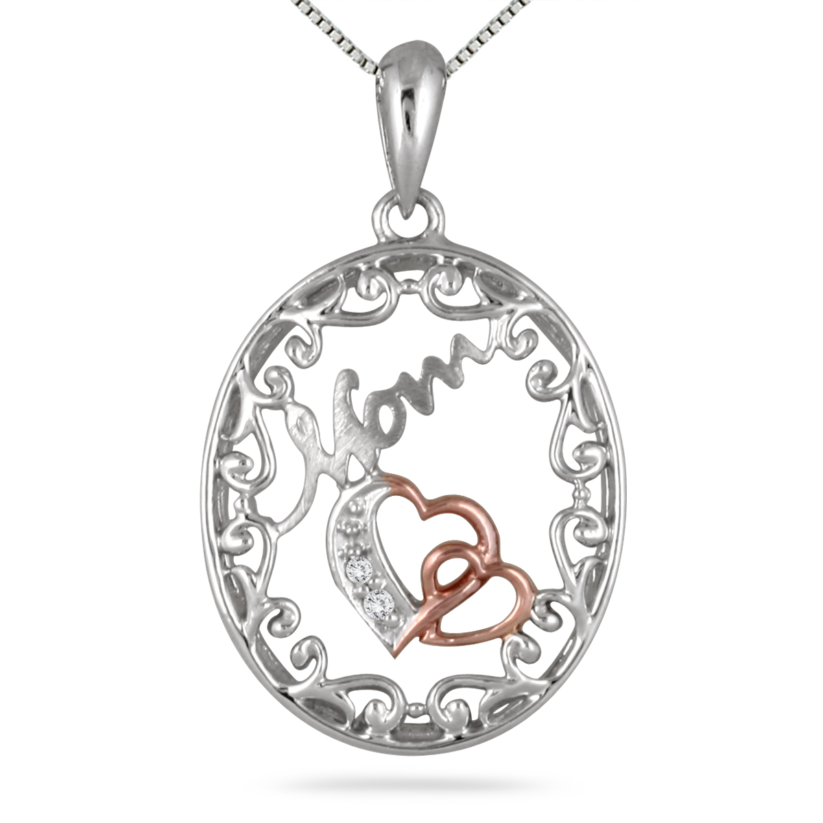 MOM Diamond Double Heart Engraved Pendant in 18K Rose Gold Plated .925 Sterling Silver