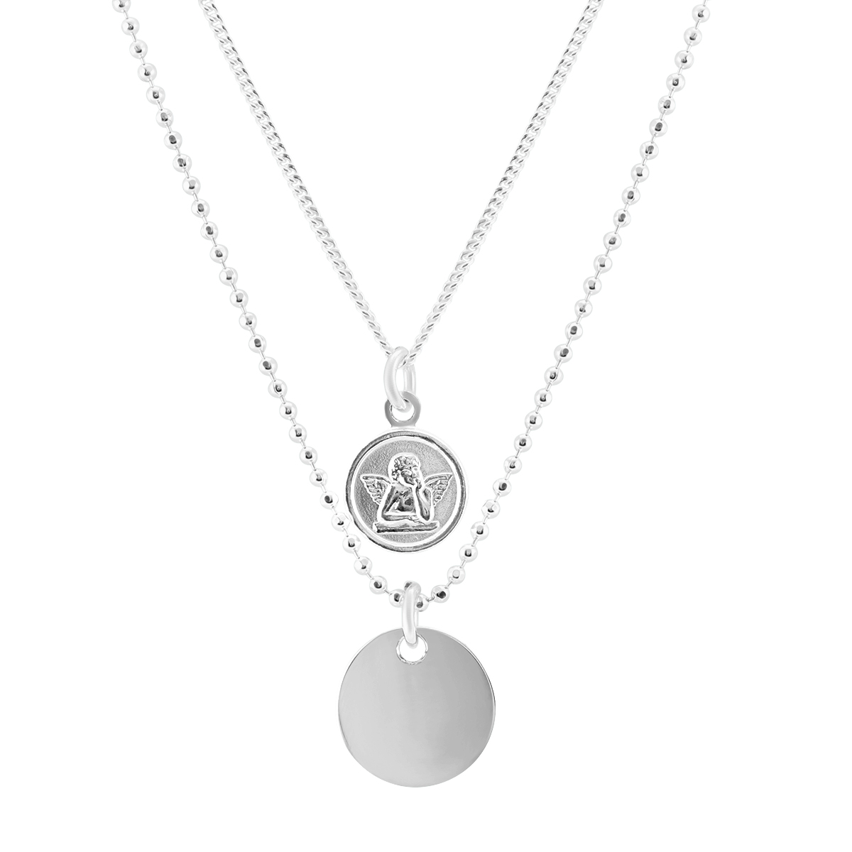 Angel Disc Double Chain Necklace in .925 Sterling Silver