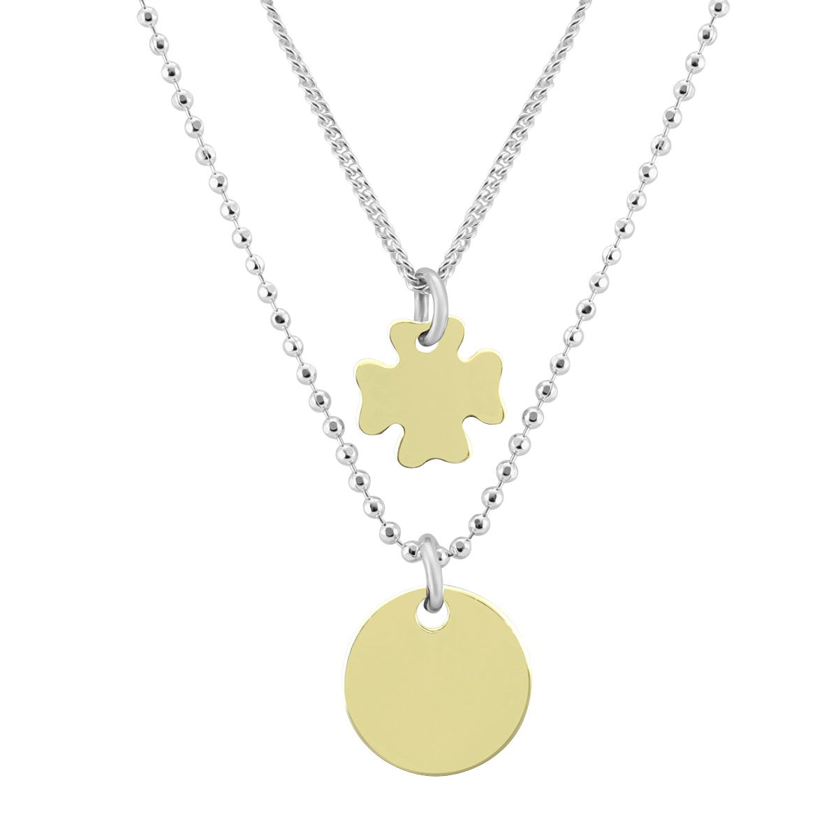Disc and Four Leaf Clover Double Chain Necklace in .925 Sterling Silver