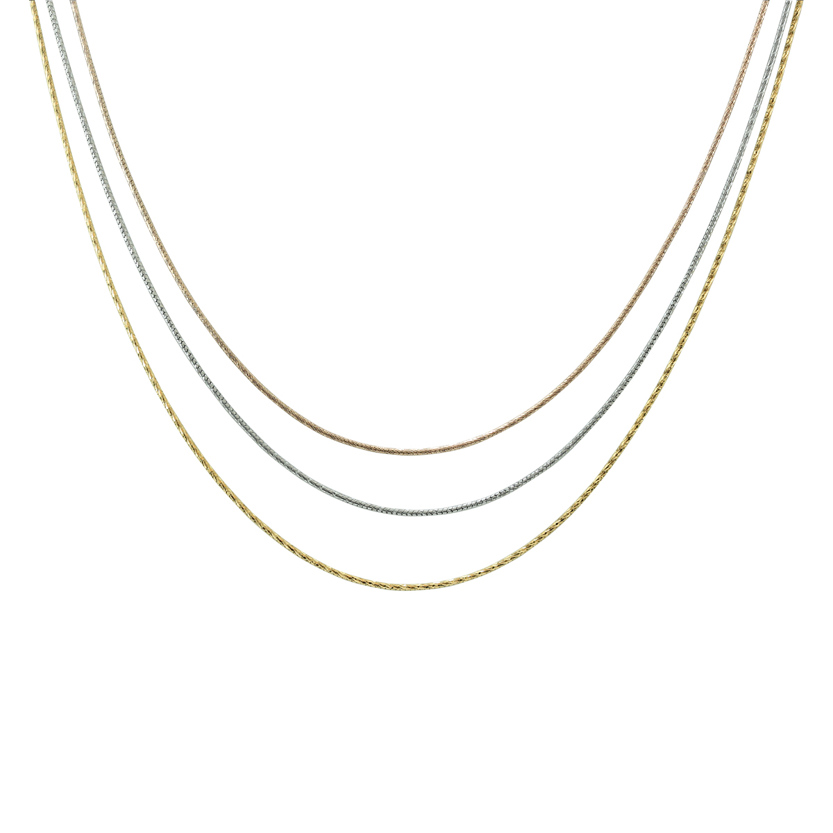 Triple Strand Three Tone Necklace in .925 Sterling Silver