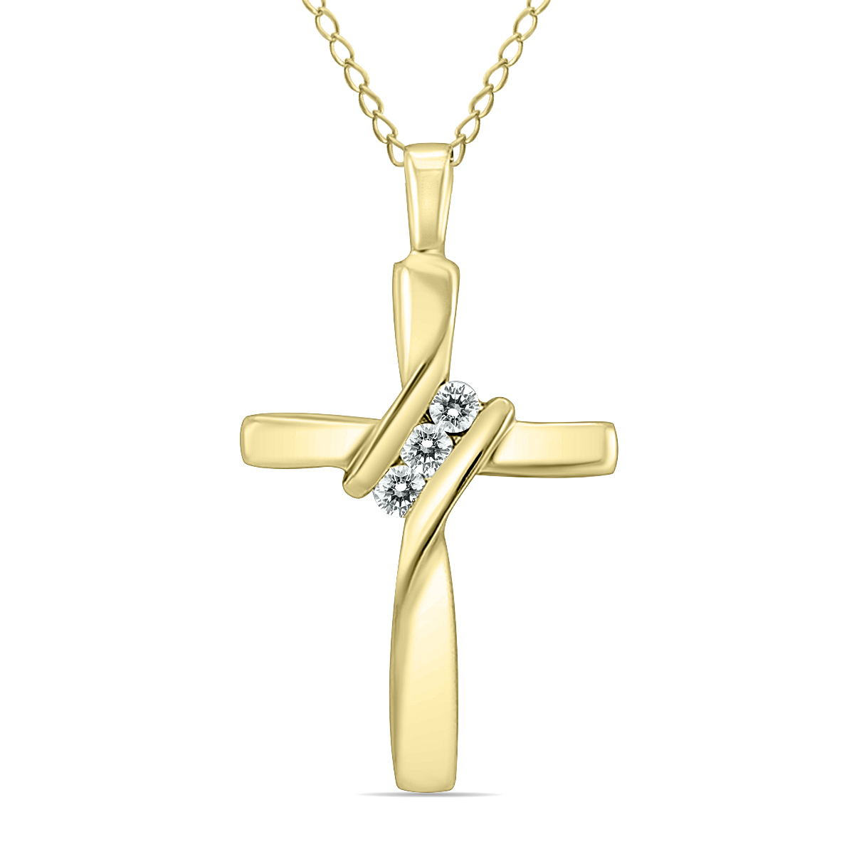 Three Stone Diamond Cross Pendant in 10K Yellow Gold