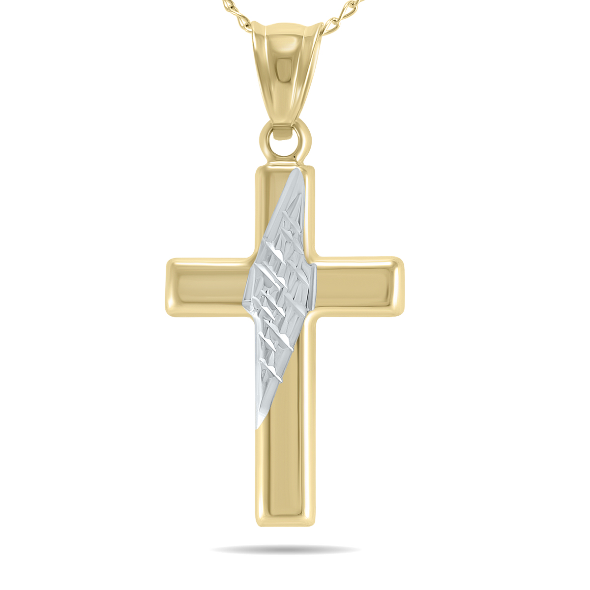 Contemporary 10K Yellow Gold Cross Pendant with Rhodium Accent and 18 Inch Chain