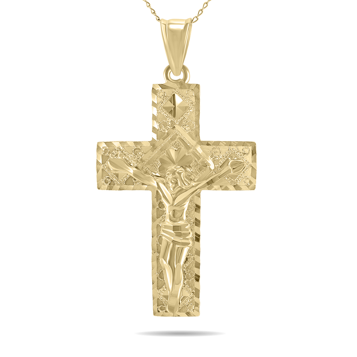 Diamond Cut Crucifixion Cross Pendant Necklace with 18 Inch Chain in 10K Yellow Gold