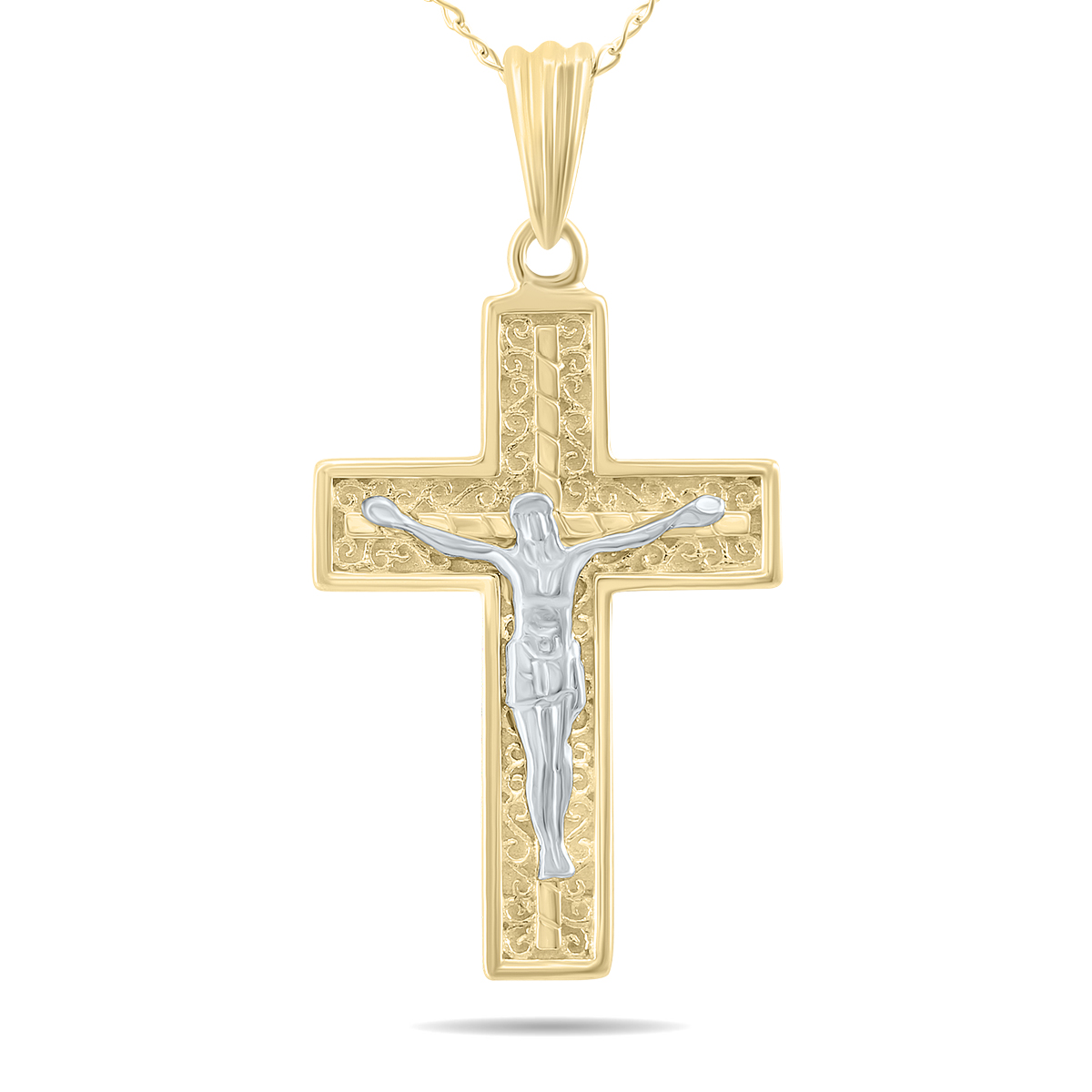 Crucifixion Cross Pendant Necklace with 18 Inch Chain in 10K Yellow Gold and White Rhodium Polish
