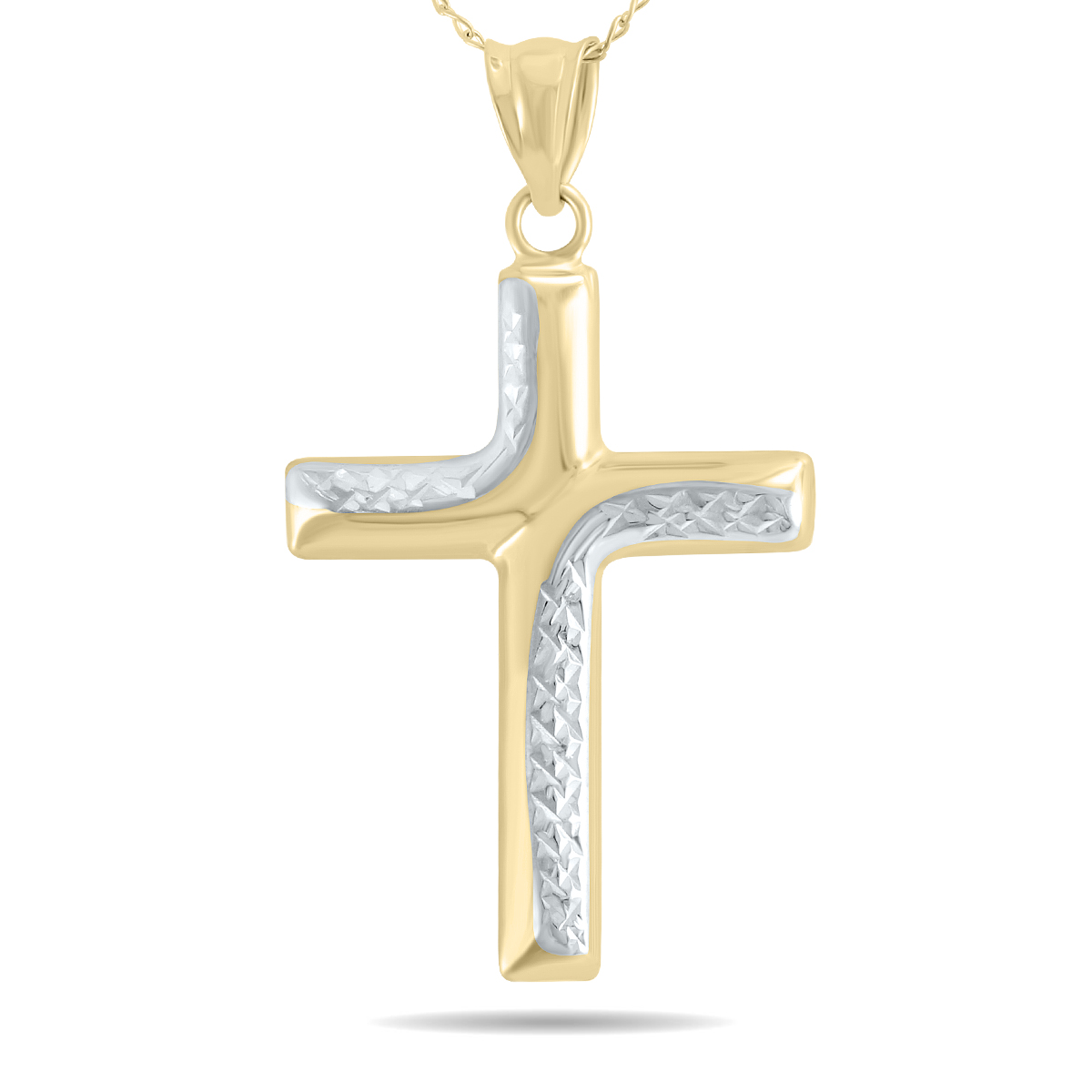 Small Cross Pendant Necklace in 10K Yellow Gold with Rhodium Polish Accents