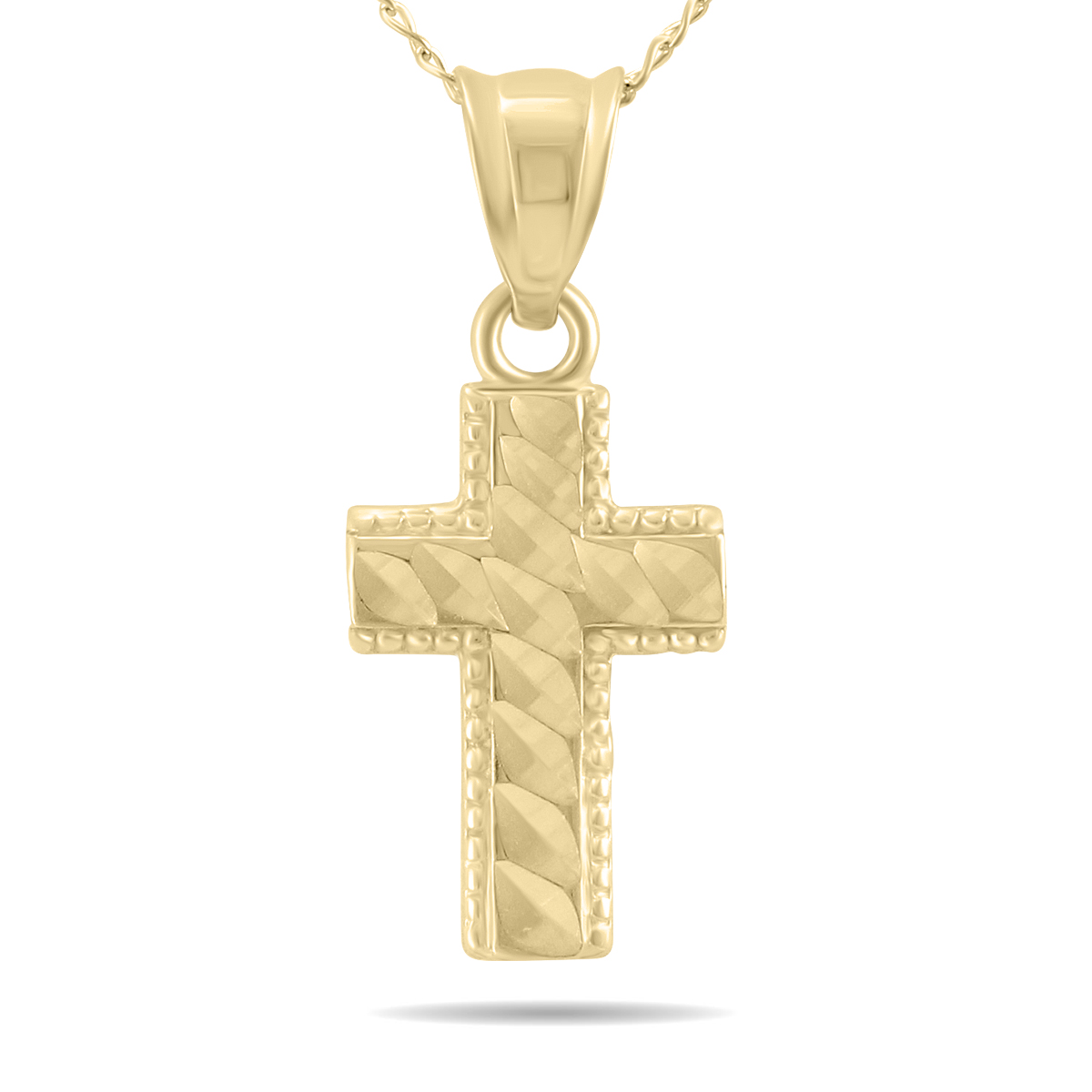 10K Yellow Gold Beaded Inlay Cross Pendant Necklace with 18 Inch Chain
