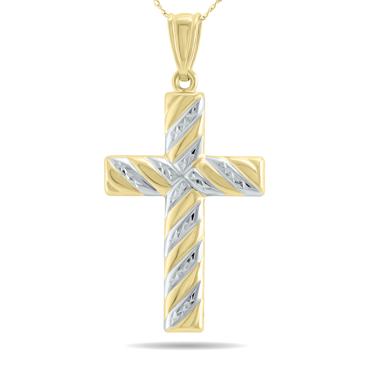 10K Gold Filled Etched Cross Pendant With White Rhodium Polish Accents