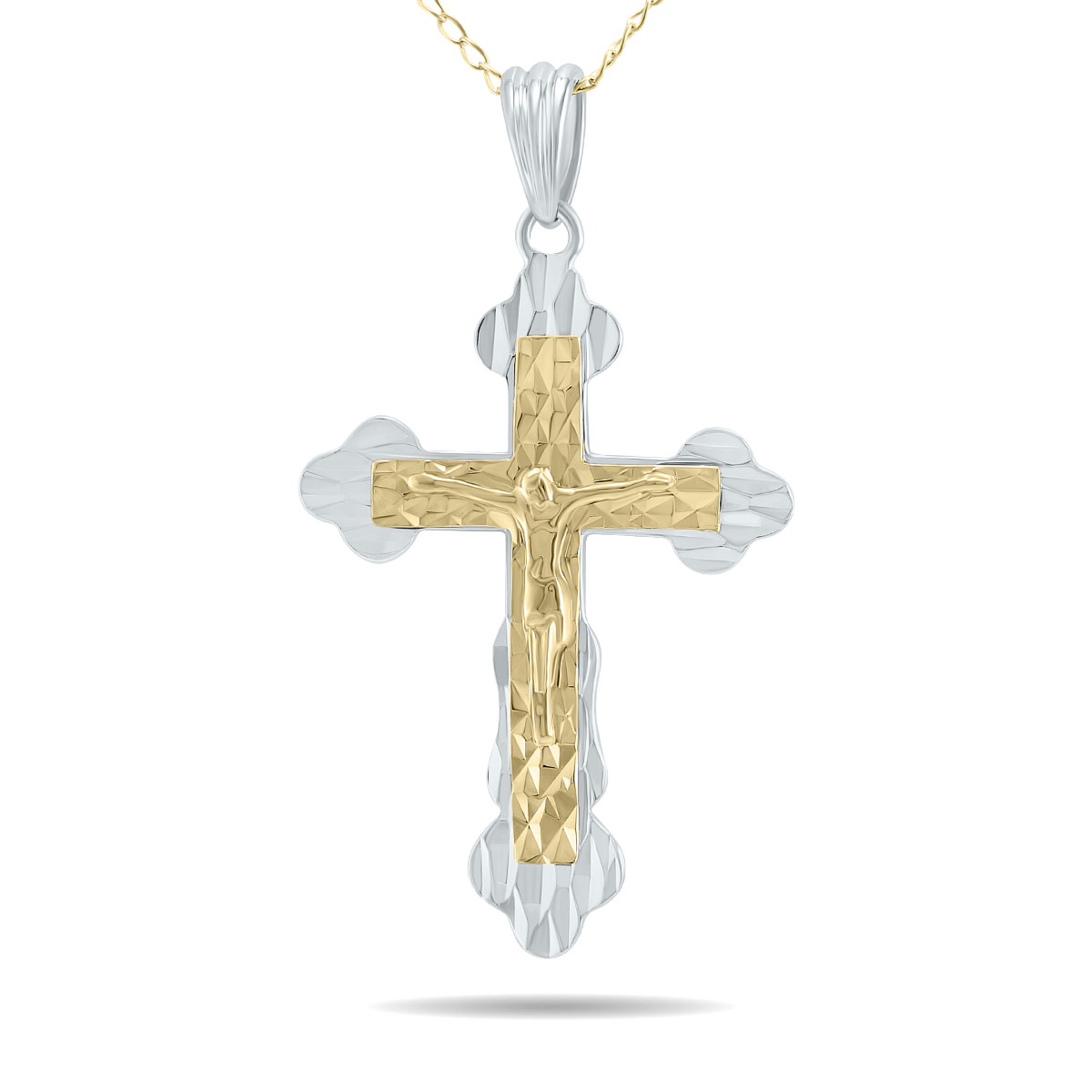 10K Yellow Gold Two Tone Etched Cross Pendant Necklace