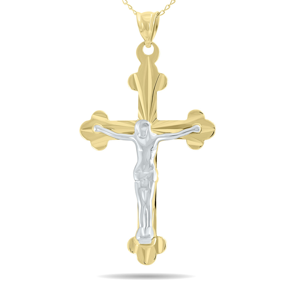 Ornate Crucifixion Roman Cross Pendant In 10K Yellow Gold With White Rhodium Accents
