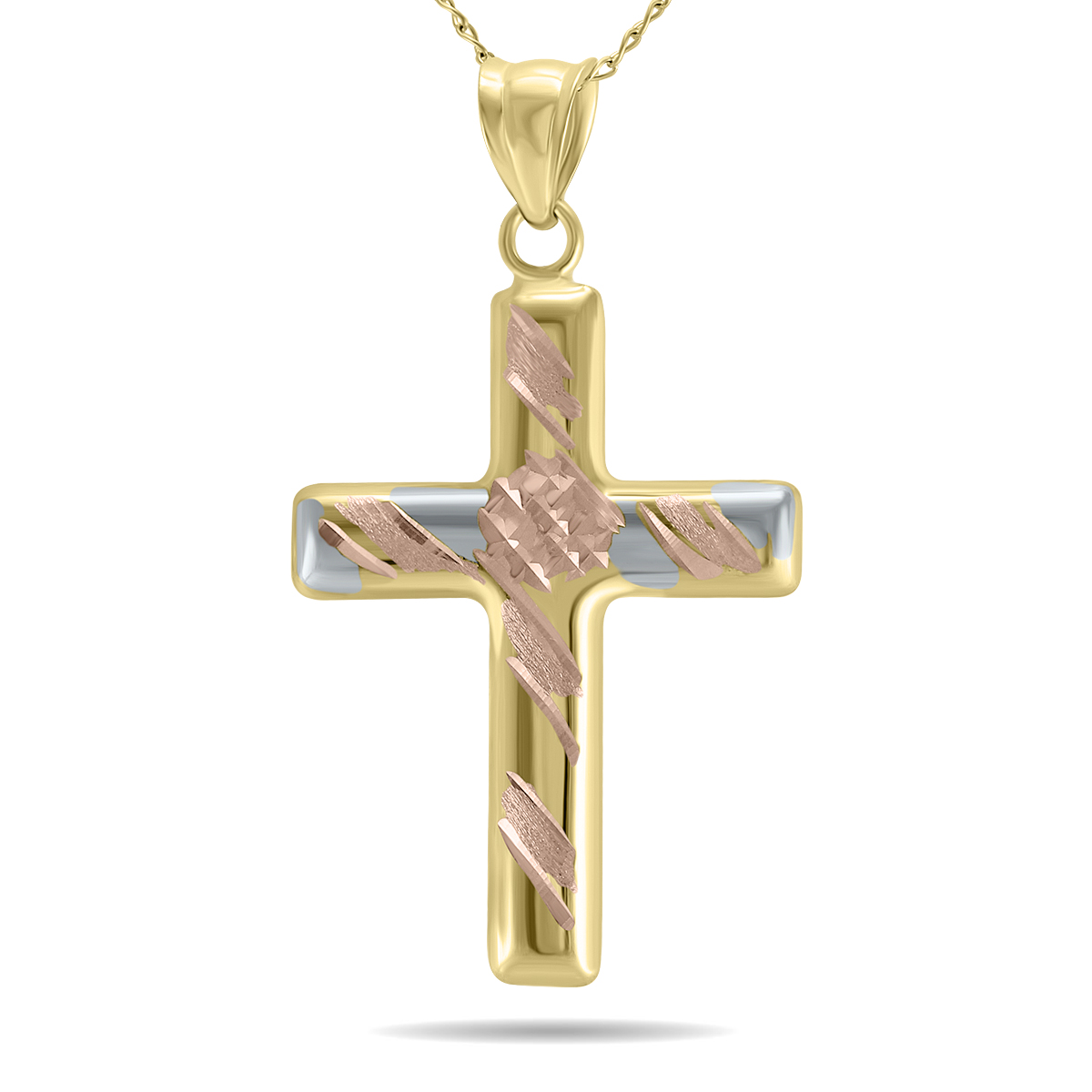 10K Yellow Gold Three-Toned Cross Dainty Religious Pendant