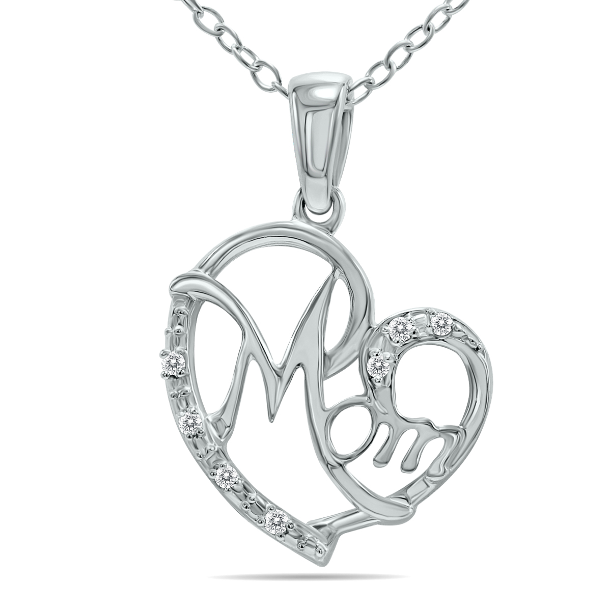 Cursive Mom Heart Diamond Necklace in .925 Sterling Silver