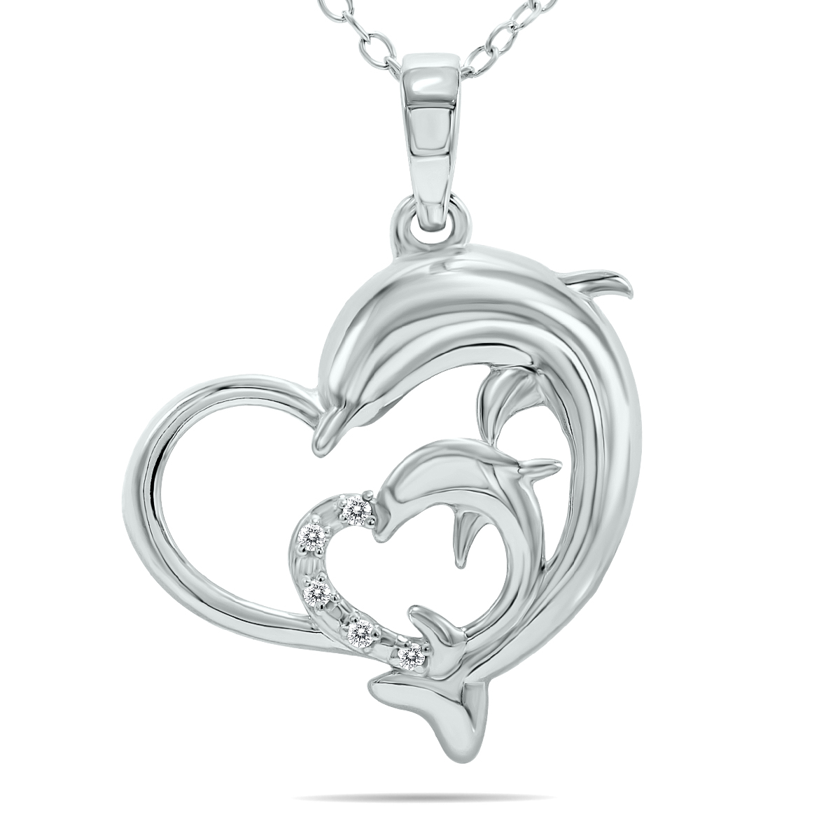Double Dolphin Diamond Heart Necklace in .925 Sterling Silver