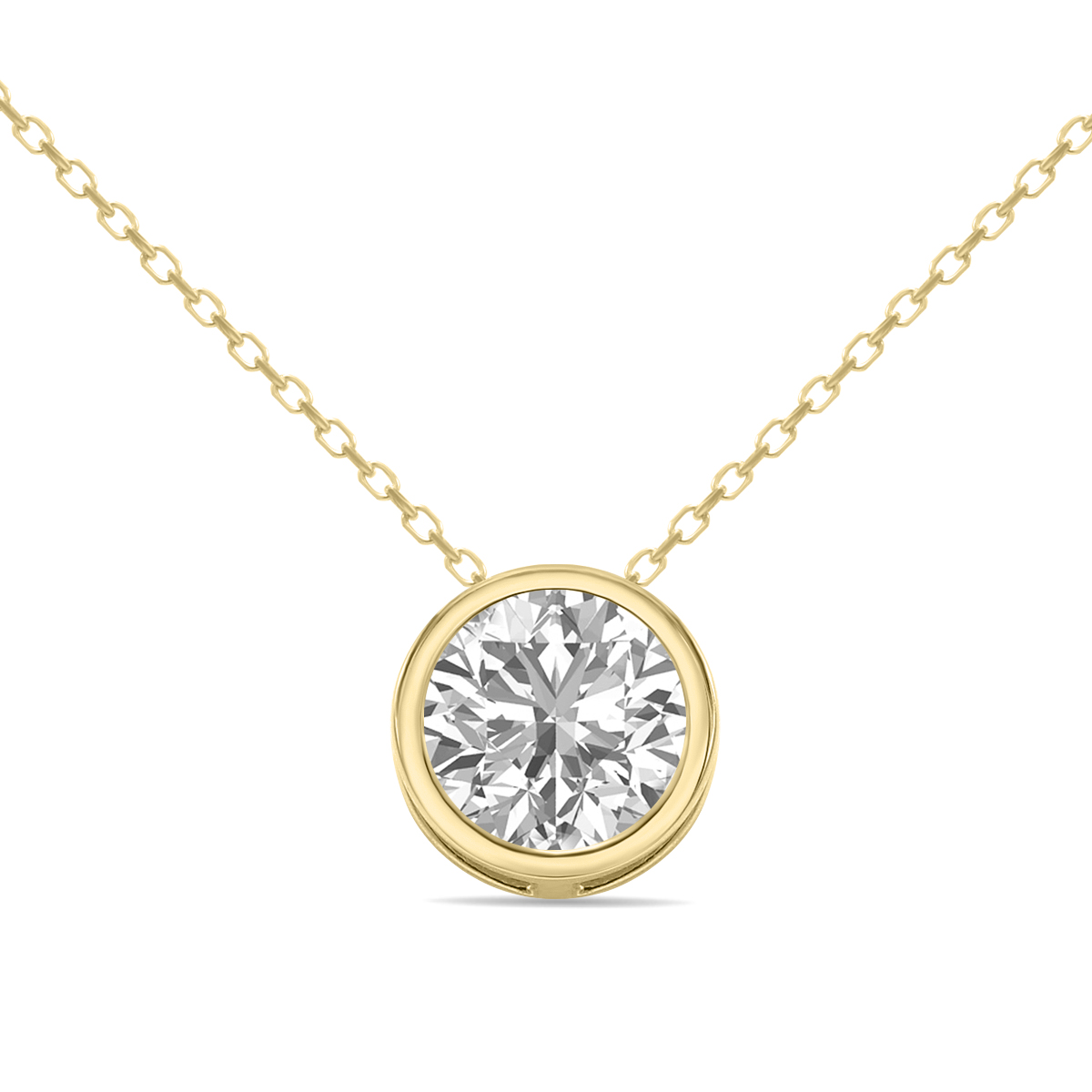 Lab Grown 1 Carat Round Solitaire Diamond Bezel Set Pendant in 14K Yellow Gold