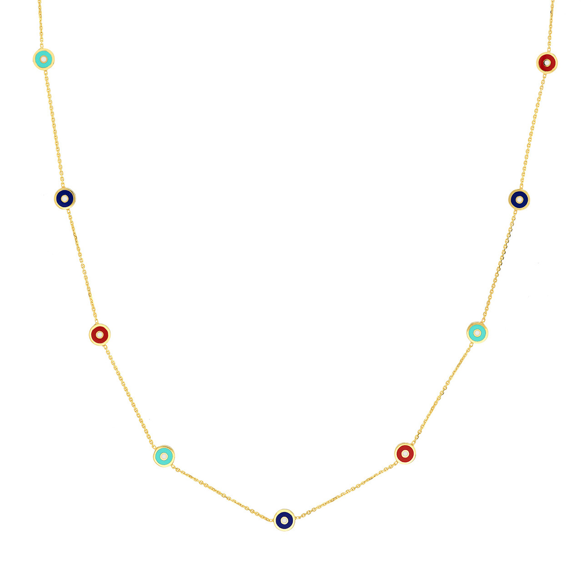 14K Solid Yellow Gold Mixed Enamel Round Evil Eye Station Adjustable Necklace