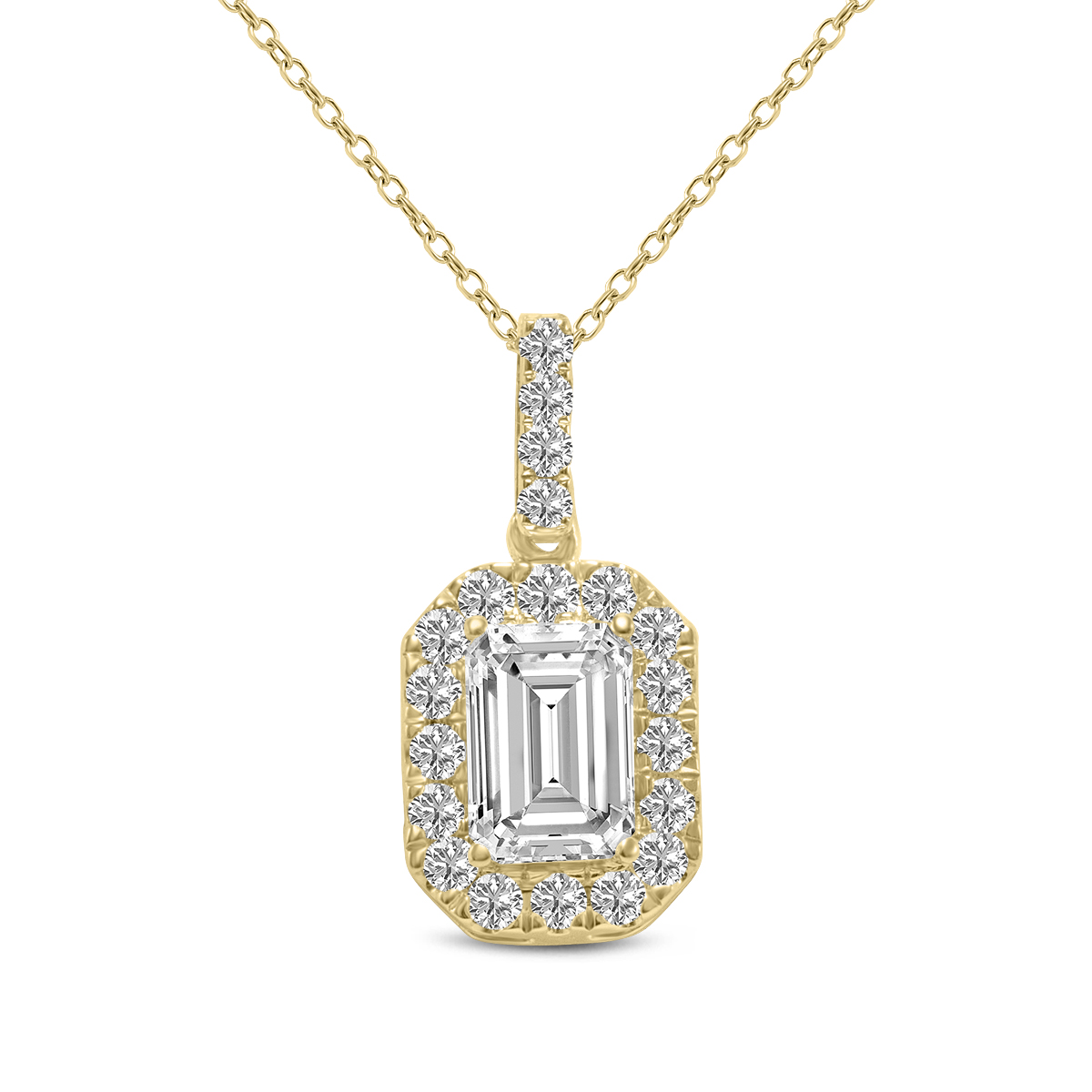1 Carat TW Emerald Cut Halo Lab Grown Diamond Pendant in 14K Yellow Gold