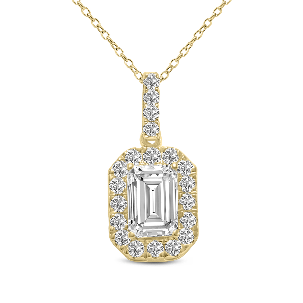 2 Carat TW Emerald Cut Halo Lab Grown Diamond Pendant in 14K Yellow Gold