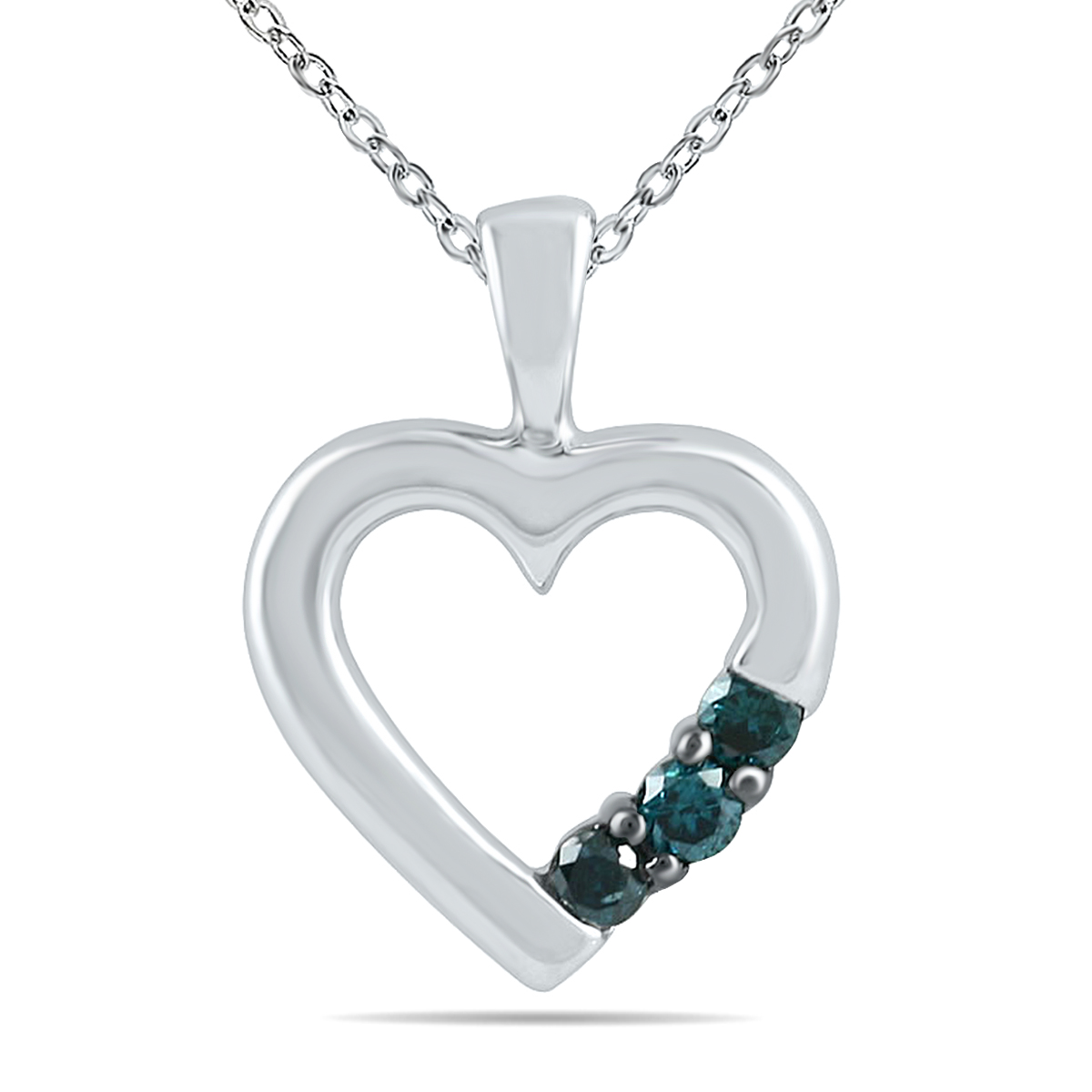 Three Stone Blue Diamond Heart Pendant in 10K White Gold