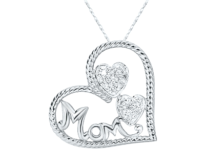 1/10 Carat TW Genuine Diamond Heart MOM Pendant in 14K White Gold