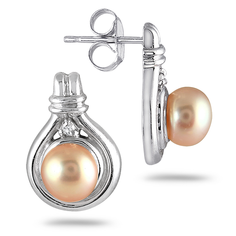 6mm Pink Pearl and Diamond Earrings in.925 Sterling Silver