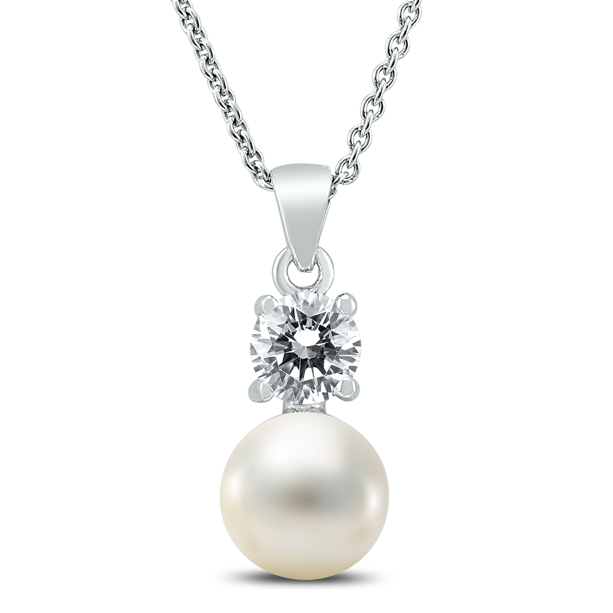 7-8mm Freshwater Cultured Pearl and Swarovski CZ Simple Pendant in .925 Sterling Silver