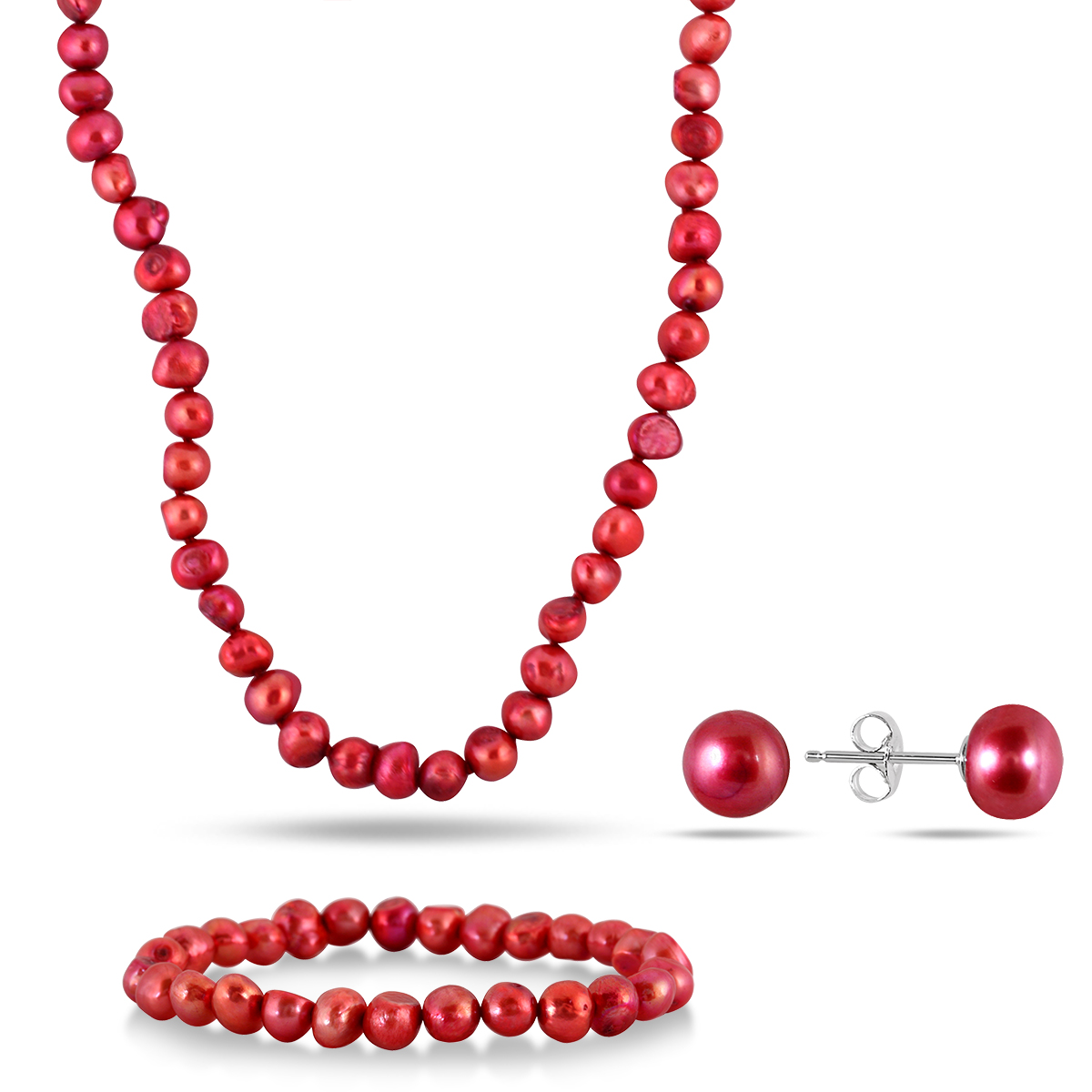 7-8MM All Natural Freshwater Cranberry Rice Cultured Pearl Jewelry Set in.925 Sterling Silver