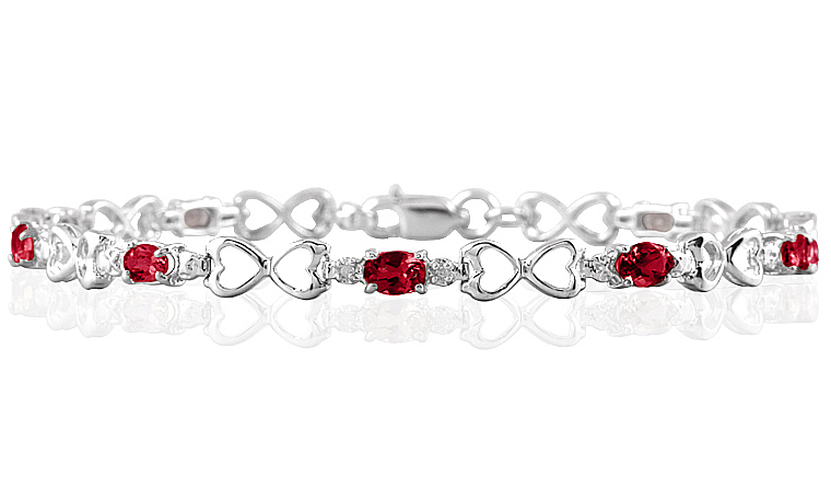 10k White Gold Ruby and Diamond Heart Link Bracelet