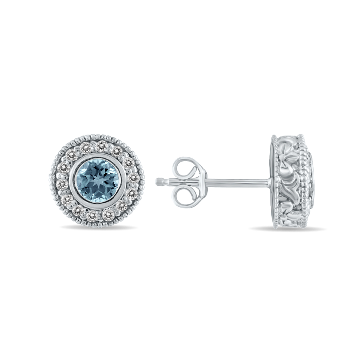 Image of 1/2 Carat TW Aquamarine and Diamond Bezel Set Earrings 10K White Gold