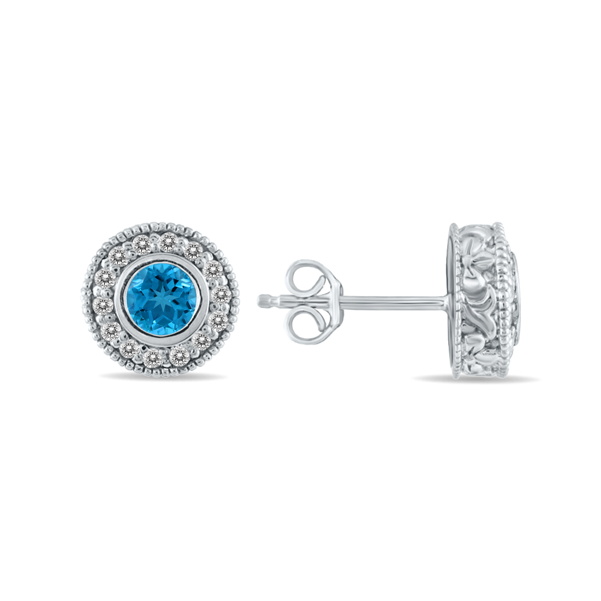 Image of 1/2 Carat TW Blue Topaz and Diamond Bezel Set Earrings 10K White Gold