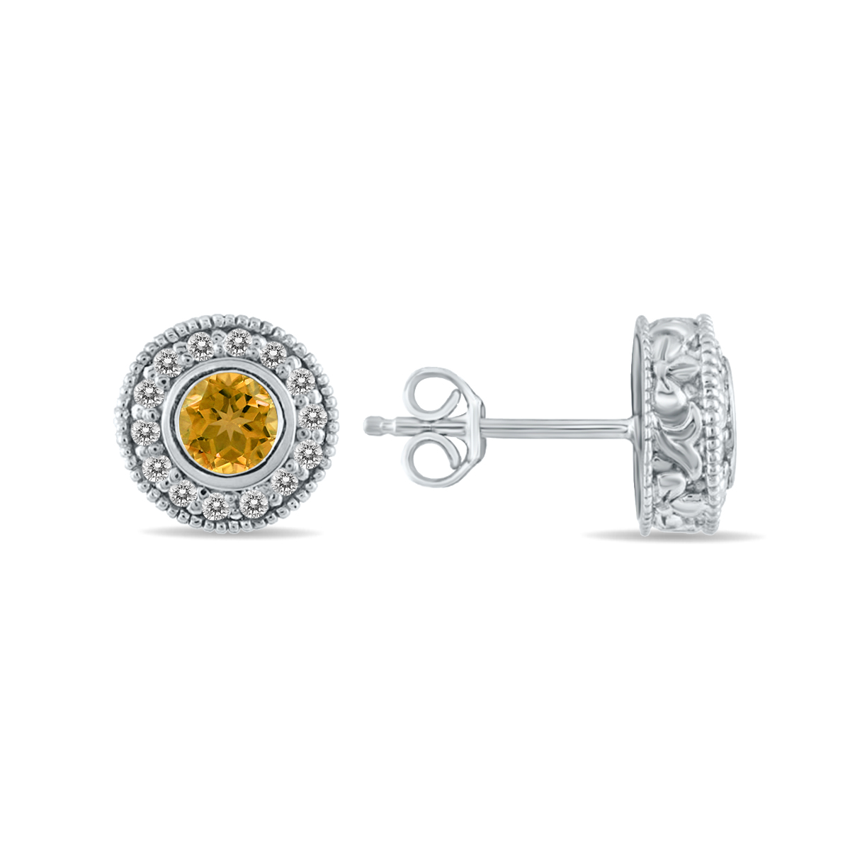 Image of 1/2 Carat TW Citrine and Diamond Bezel Set Earrings 10K White Gold