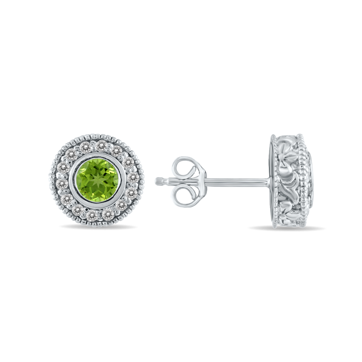 Image of 1/2 Carat TW Peridot and Diamond Bezel Set Earrings 10K White Gold