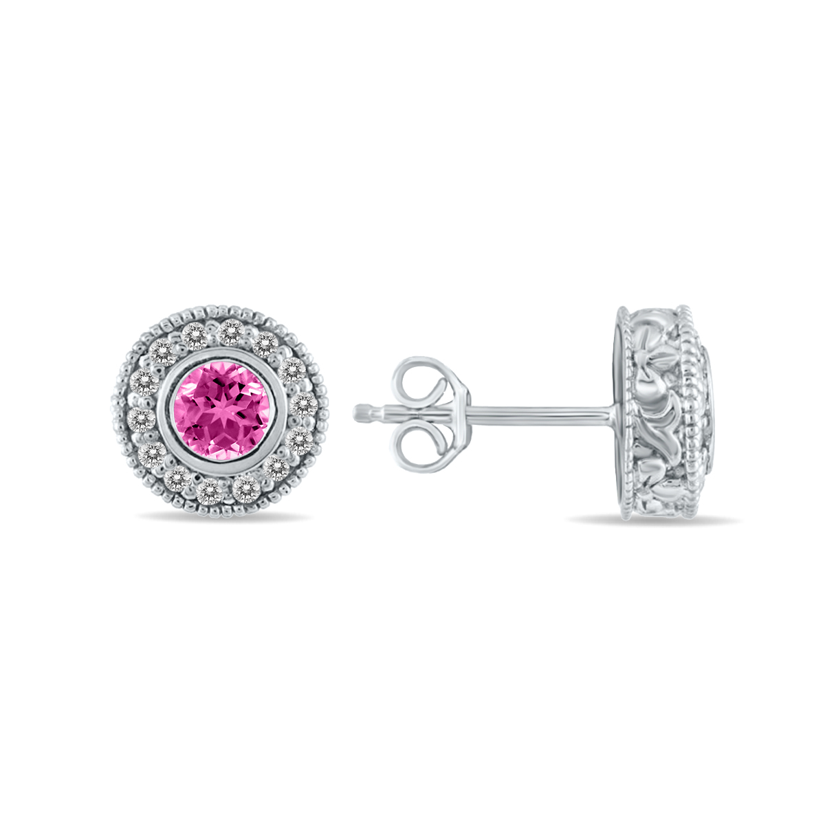 Image of 1/2 Carat TW Pink Topaz and Diamond Bezel Set Earrings 10K White Gold