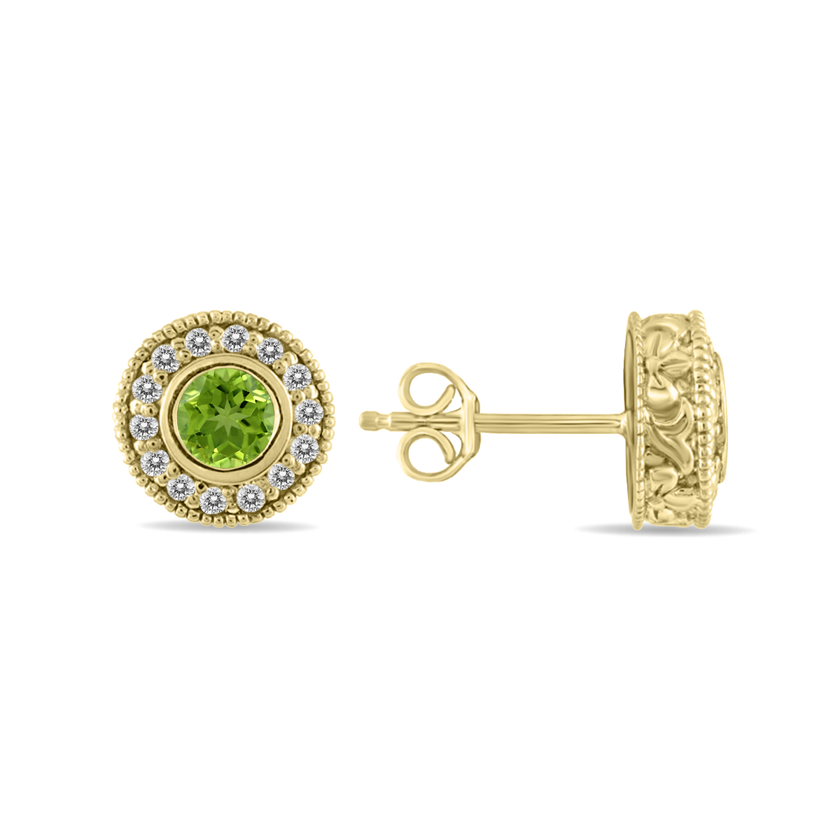 Image of 1/2 Carat TW Peridot and Diamond Bezel Set Earrings 10K Yellow Gold
