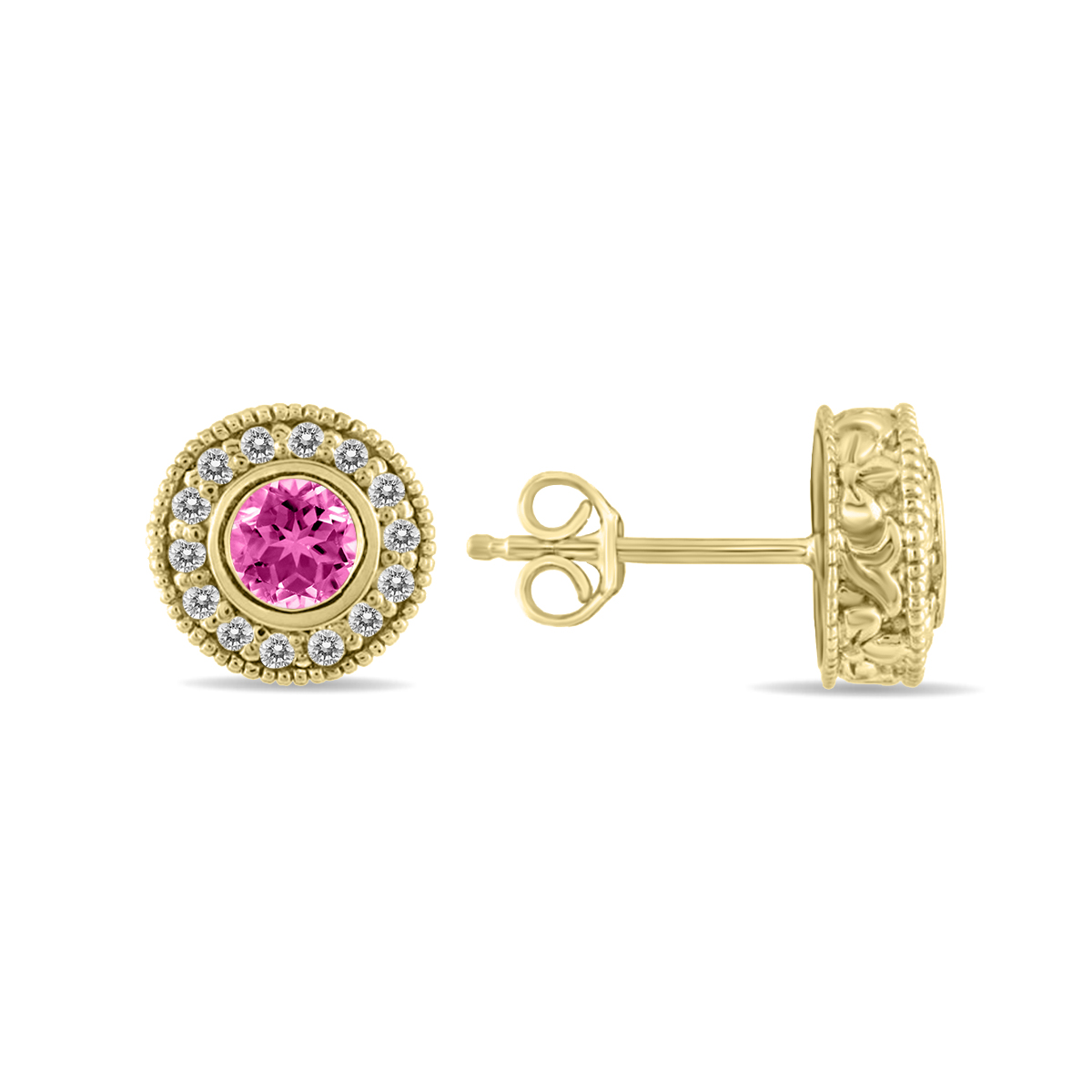 Image of 1/2 Carat TW Pink Topaz and Diamond Bezel Set Earrings 10K Yellow Gold