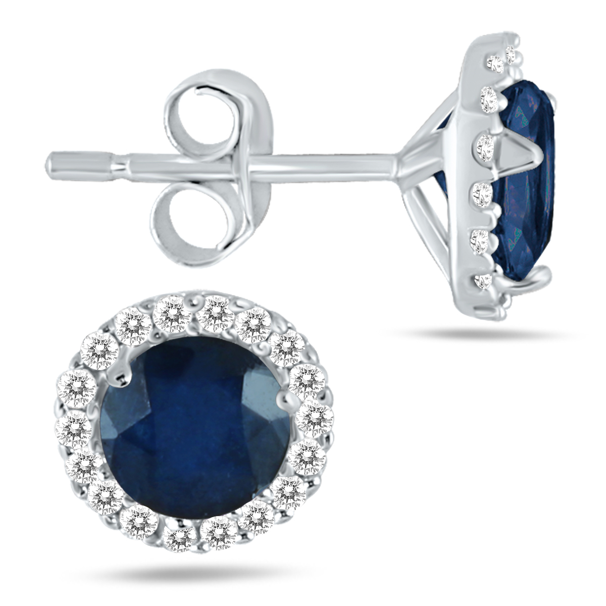 5MM Sapphire and Genuine Diamond Stud Earrings in 14K White Gold