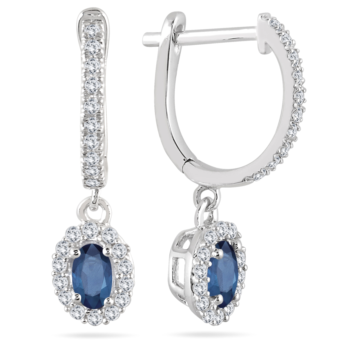 1/2 Carat Sapphire and Diamond Halo Dangle Earrings in 10K White Gold
