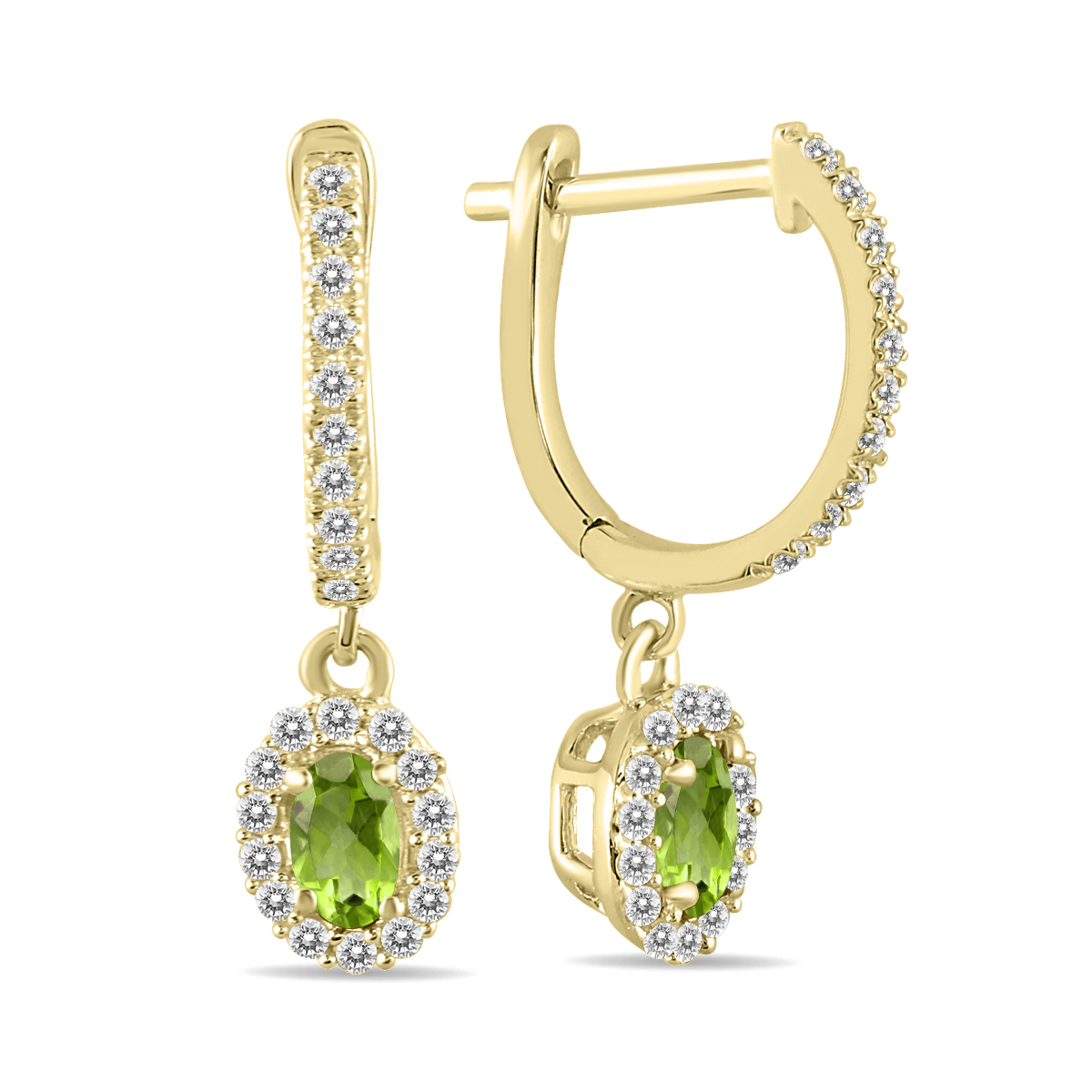 Image of 1/2 Carat Oval Peridot and Diamond Halo Dangle Earrings in 10K Yellow Gold